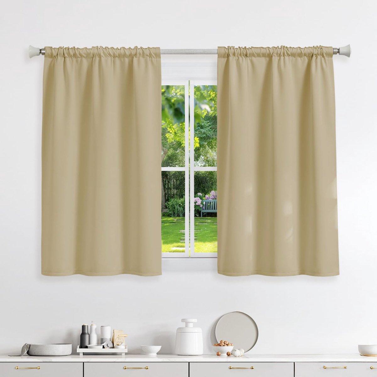 90 x 120 cm (l x h), met plooiband, tegen kou en hitte, ondoorzichtig, uv-bescherming, decoratie voor binnen, slaapkamer, woonkamer, beige, 2 stuks