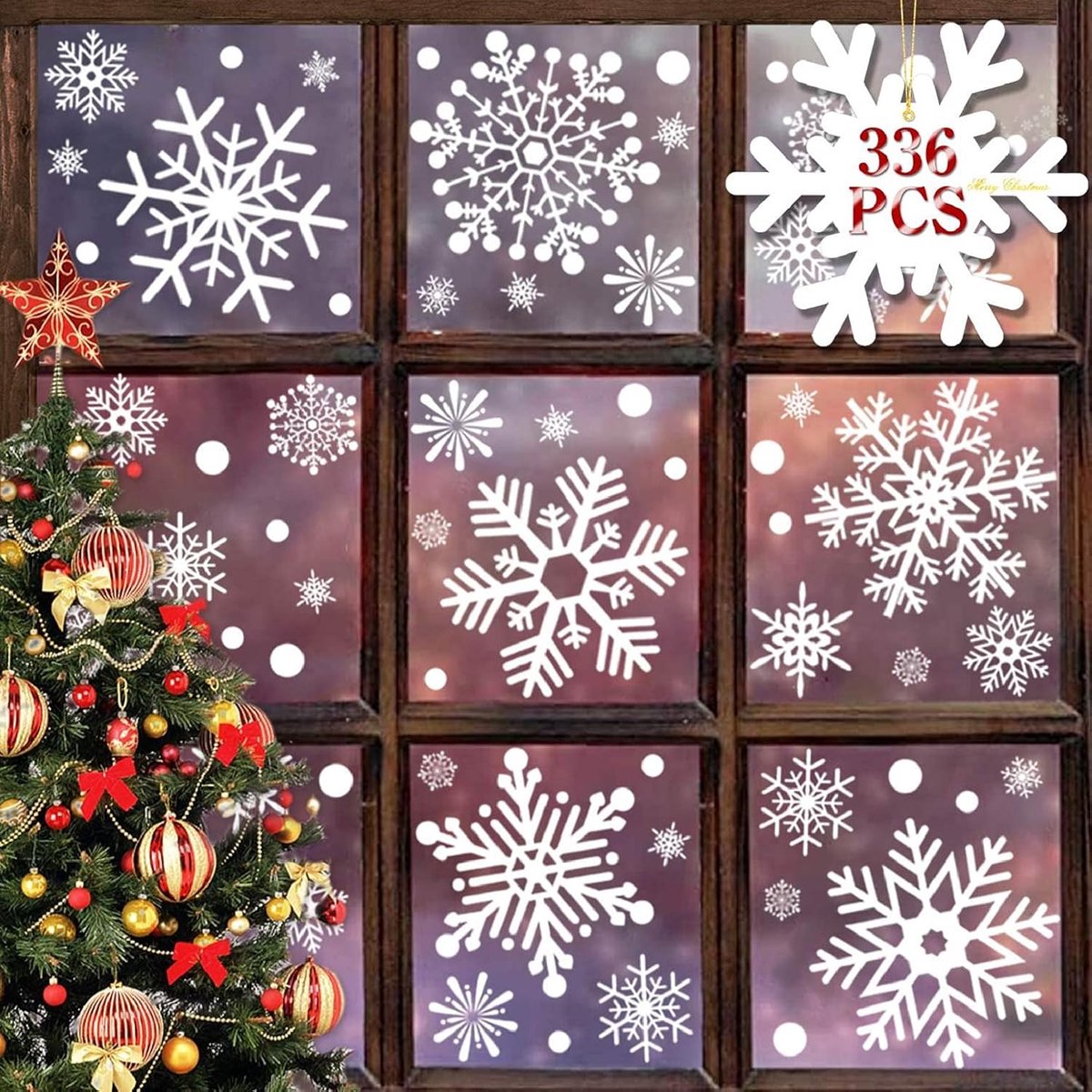 Raamstickers kerst, 336 stuks, herbruikbaar, reuzegrote sneeuwvlokken, statische stickers voor op je kerstraam, vensterdecoratie