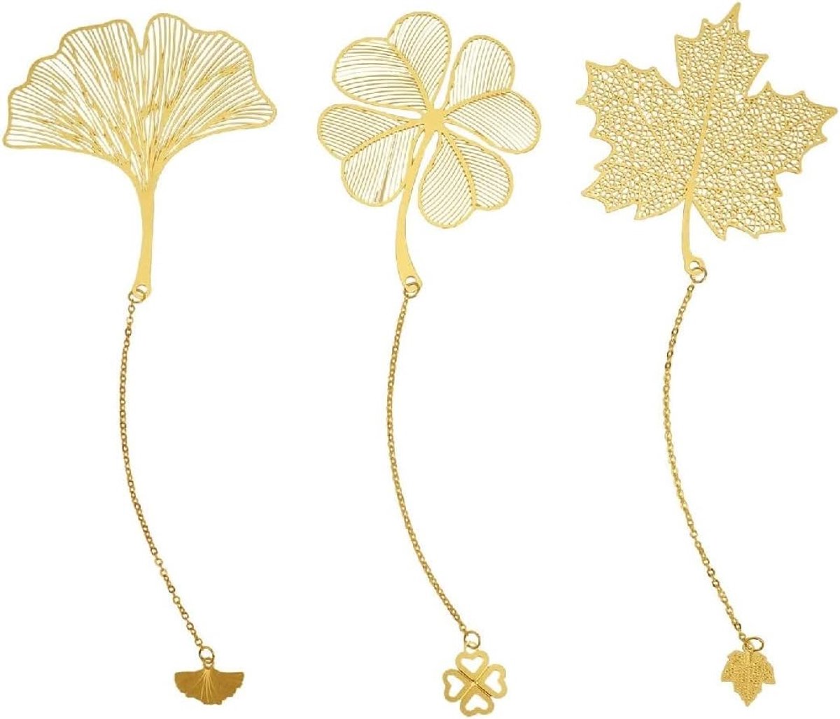 3 Stuks Metalen Boekenleggers Goud Met Ketting - Esdoornblad - Ginkgo - Anjer - Bloem Bladwijzers Voor Boekenliefhebbers