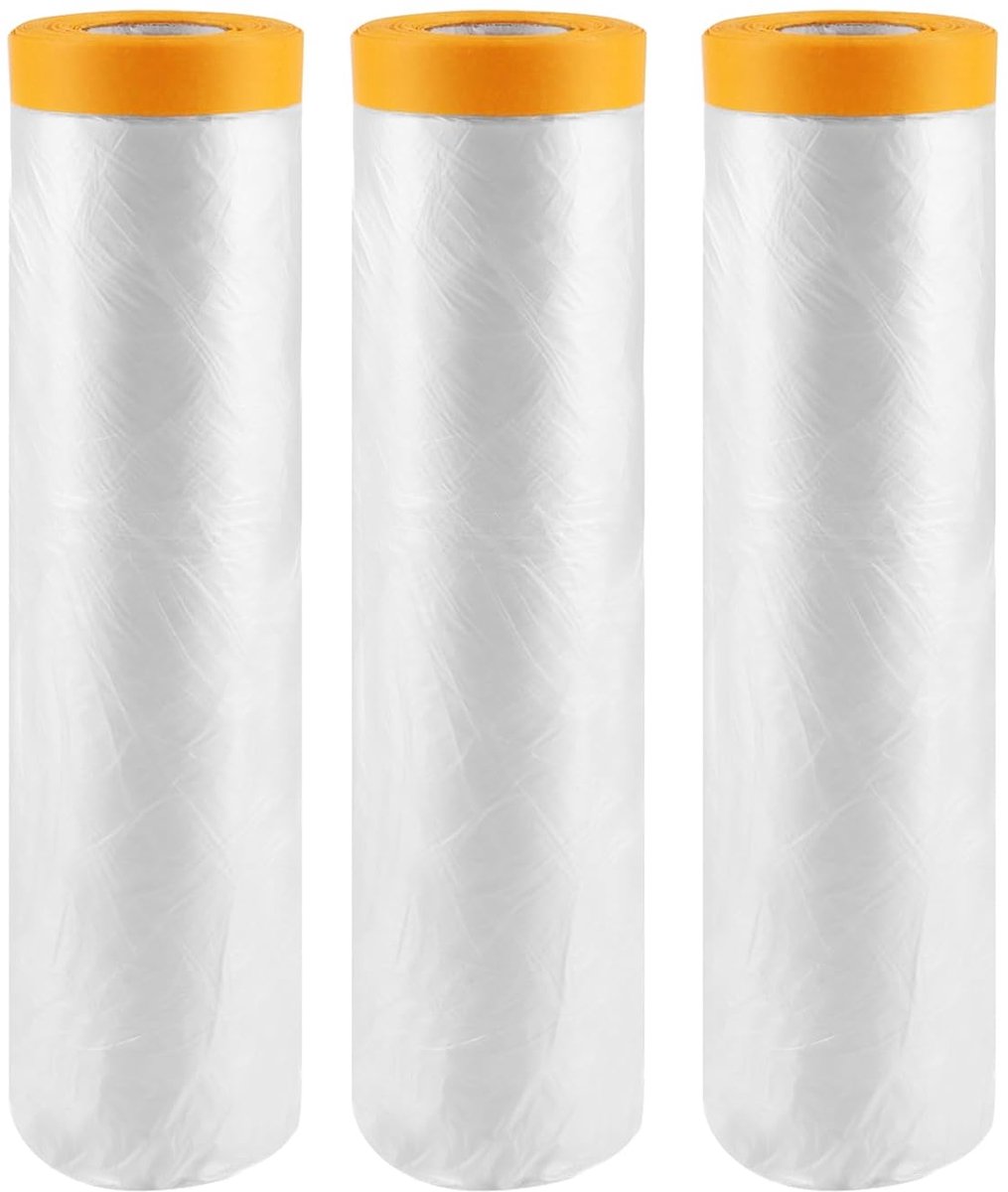 3 rollen afdekfolie, plakband met folie, 400 cm (uitgevouwen) x 20 m afdekfolie met plakband, zelfklevende schilderfolie, afplakband met folie, goudband voor schilderwerk en stofbescherming