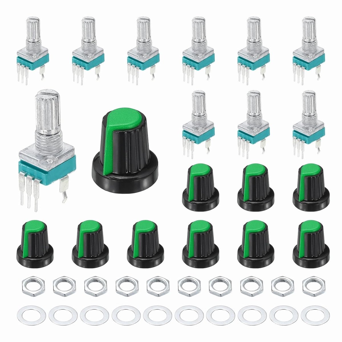 10 stuks RK097N B2K potentiometer, 3-polig, lineair, eenvoudig, roterend, verzegeld, versterker, logaritmische potentiometer, geribbelde as, 15 mm, met kunststof knop.