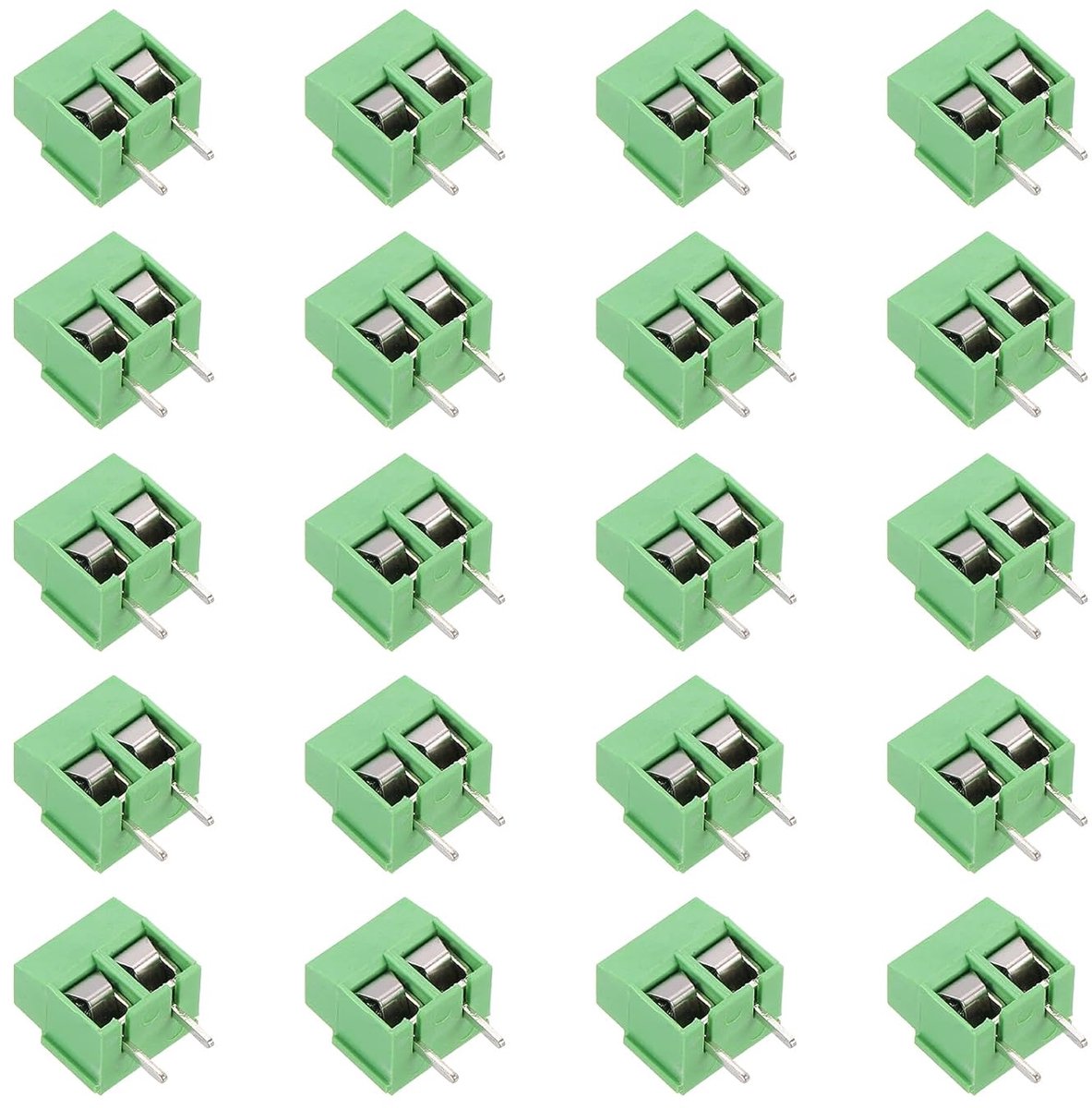 Klem PCB, 20 stuks 2-polige schroefconnectoren 5 mm afstand 5 mm printplaatmontage (uitschakelbaar) 300 V 10 A voor elektronische doe-het-zelfprojecten (groen, 10,5 x 14 x 8 mm)