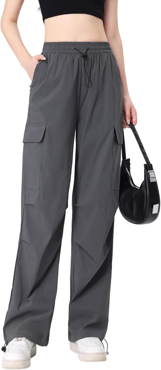 Cargobroek voor dames, brede pijpen, wandelbroek, sneldrogend, werkbroek met meerdere zakken, trekkoord, vrijetijdsbroek