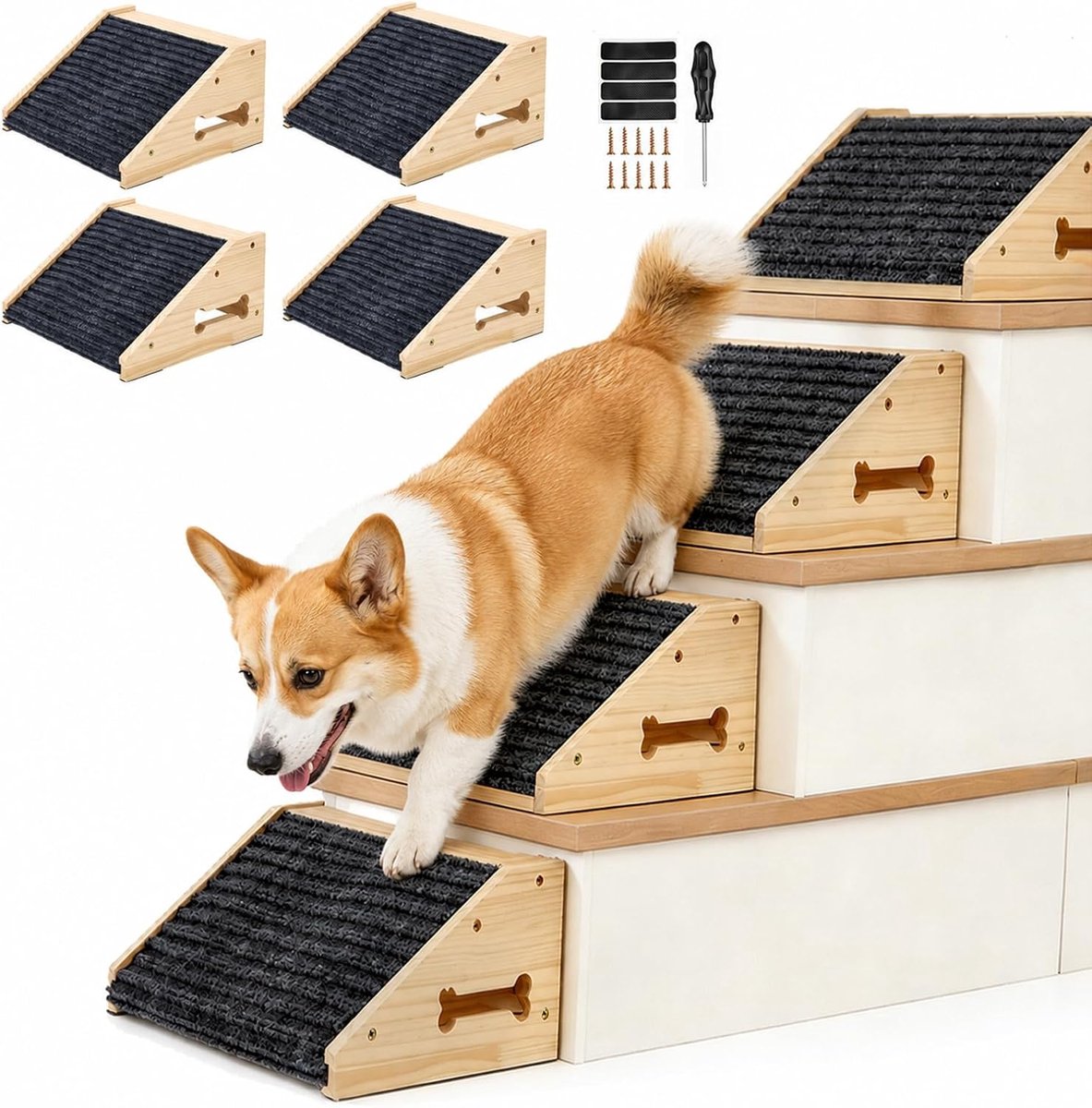 4 stuks hondentrap voor kleine honden, hondentrap voor trappen van hout | Antislip hondentrap met tapijt, kleine hondentrap, voor trap, hondentrap, lage hoek, voor bed en bank