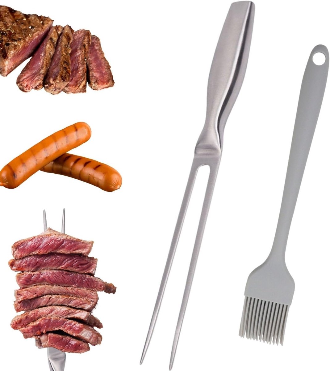 Vleesvork roestvrij staal, trancheervork met ergonomische handgreep, grillvork van roestvrij staal, 27 cm vleesvork met olieborstel, voor camping en keuken, BBQ