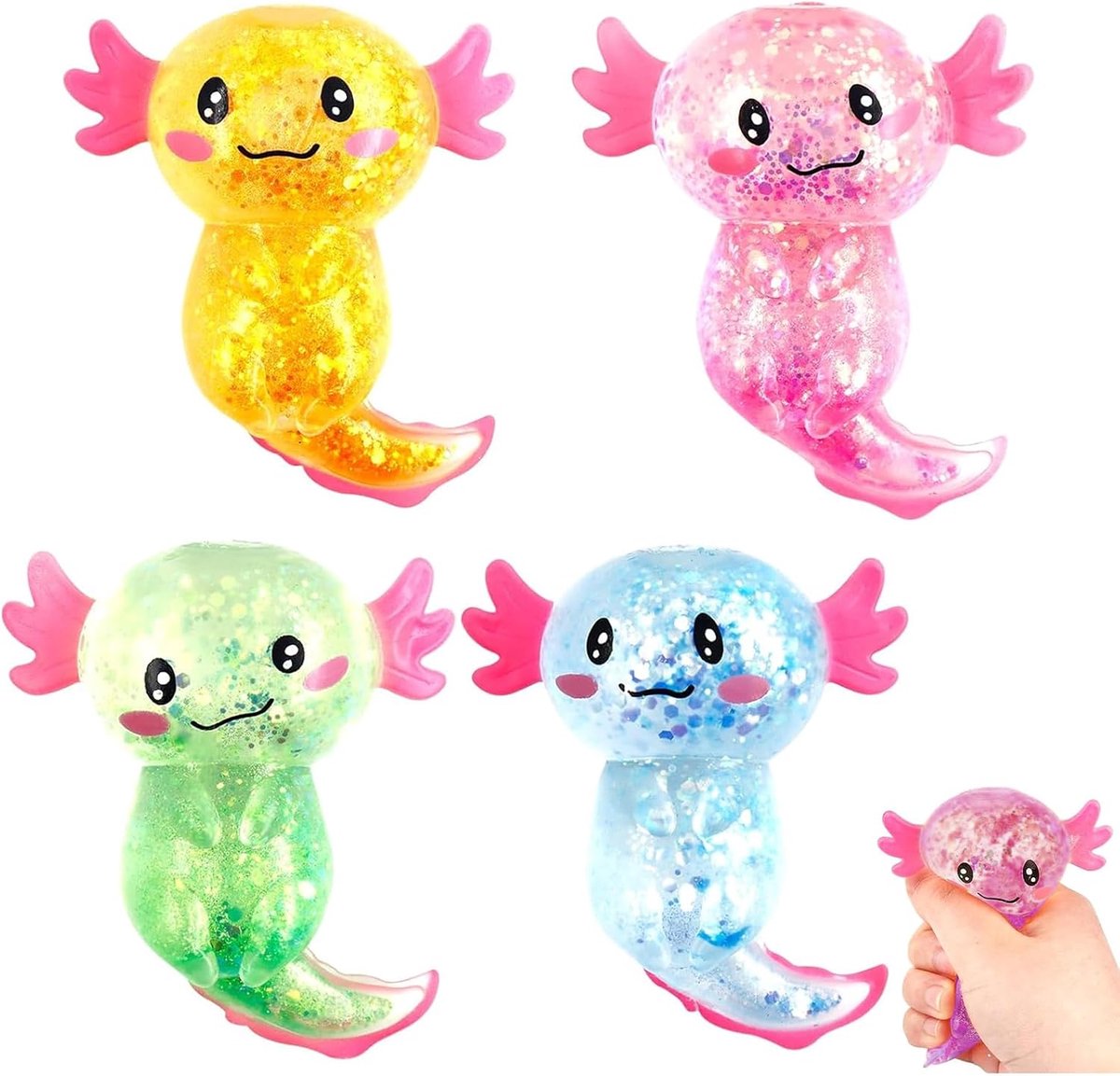 Speelgoed, 4 stuks Axolotl Squeeze speelgoed, dier knijpspeelgoed, stressverminderende knijpbal, stretch-Axolotl anti-stress speelgoed voor volwassenen en kinderen, voor feest, verjaardag
