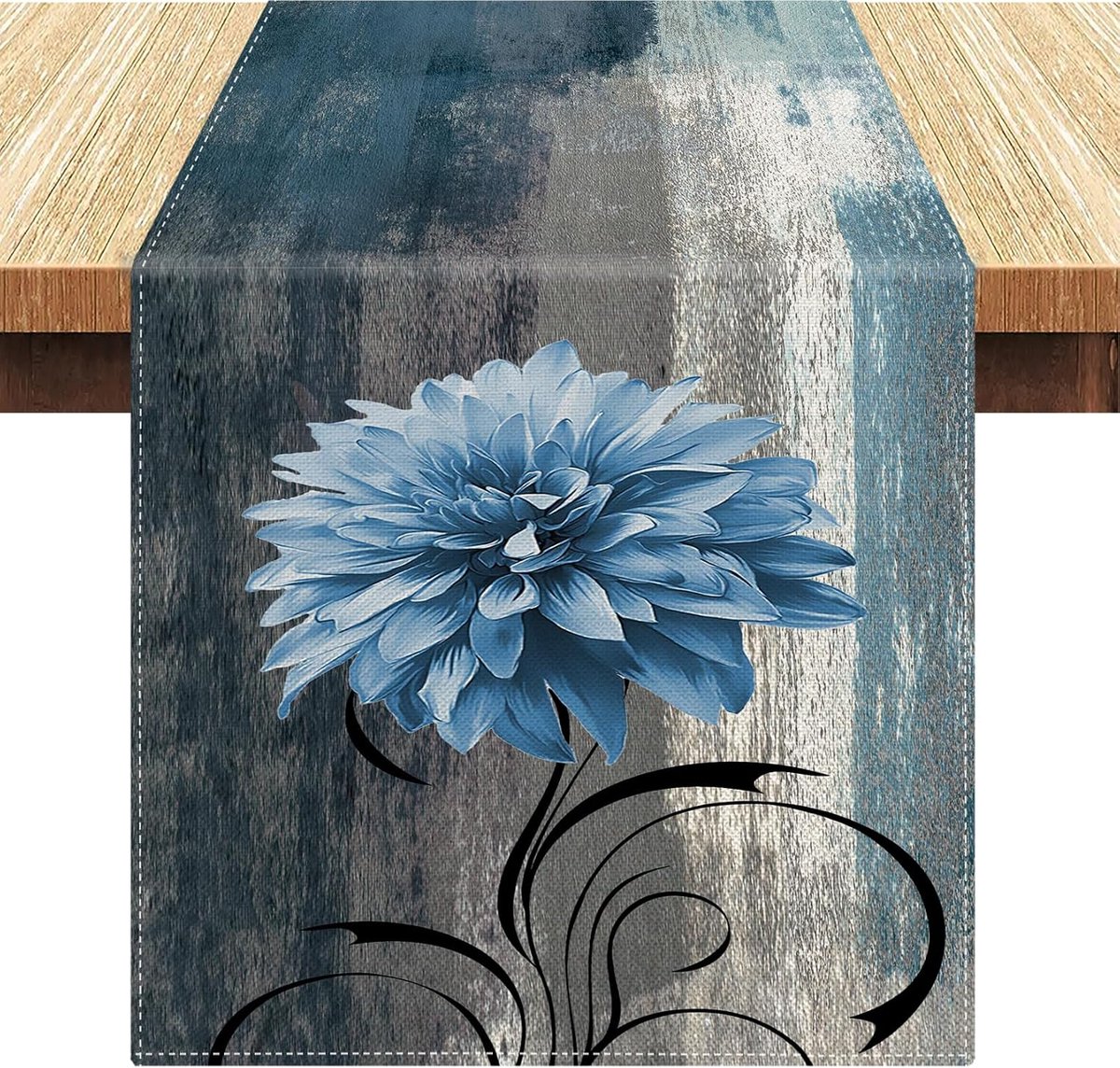 Tafelloper, blauw, grijs, lente, bloemen, tafelloper, modern, linnen, abstract, kunstschilderij, afwasbaar, landhuisstijl, voor keuken, banket, bruiloft, 33 x 183 cm