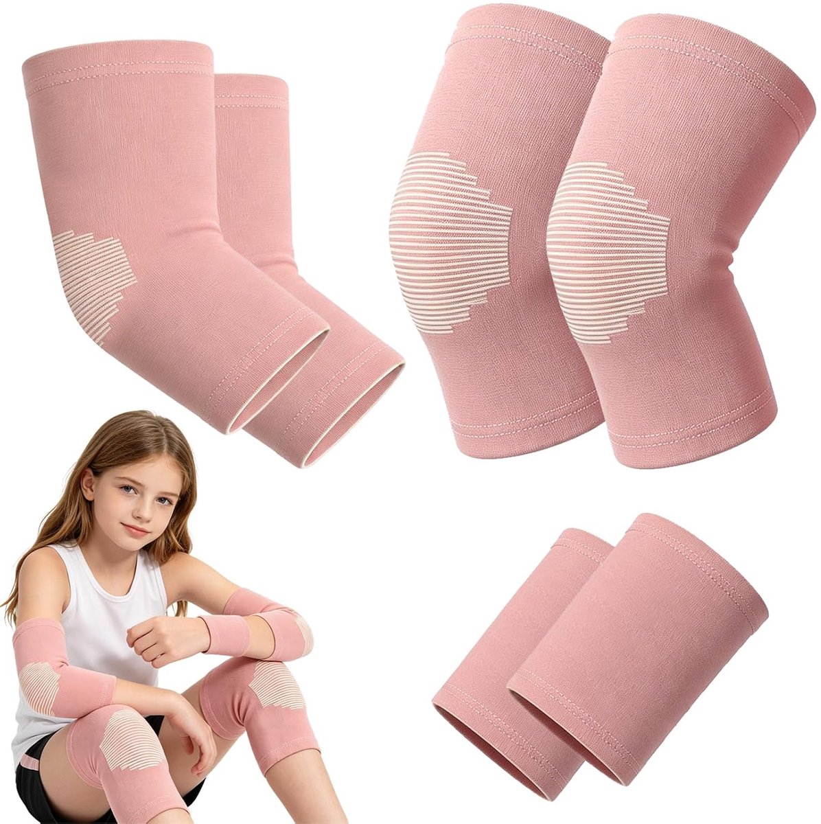 Kniebeschermers van nylon, volleybal, hoge elasticiteit, kniebeschermers voor kinderen, diamantpatroon, sport, voor binnen- en buitensporten (roze set)