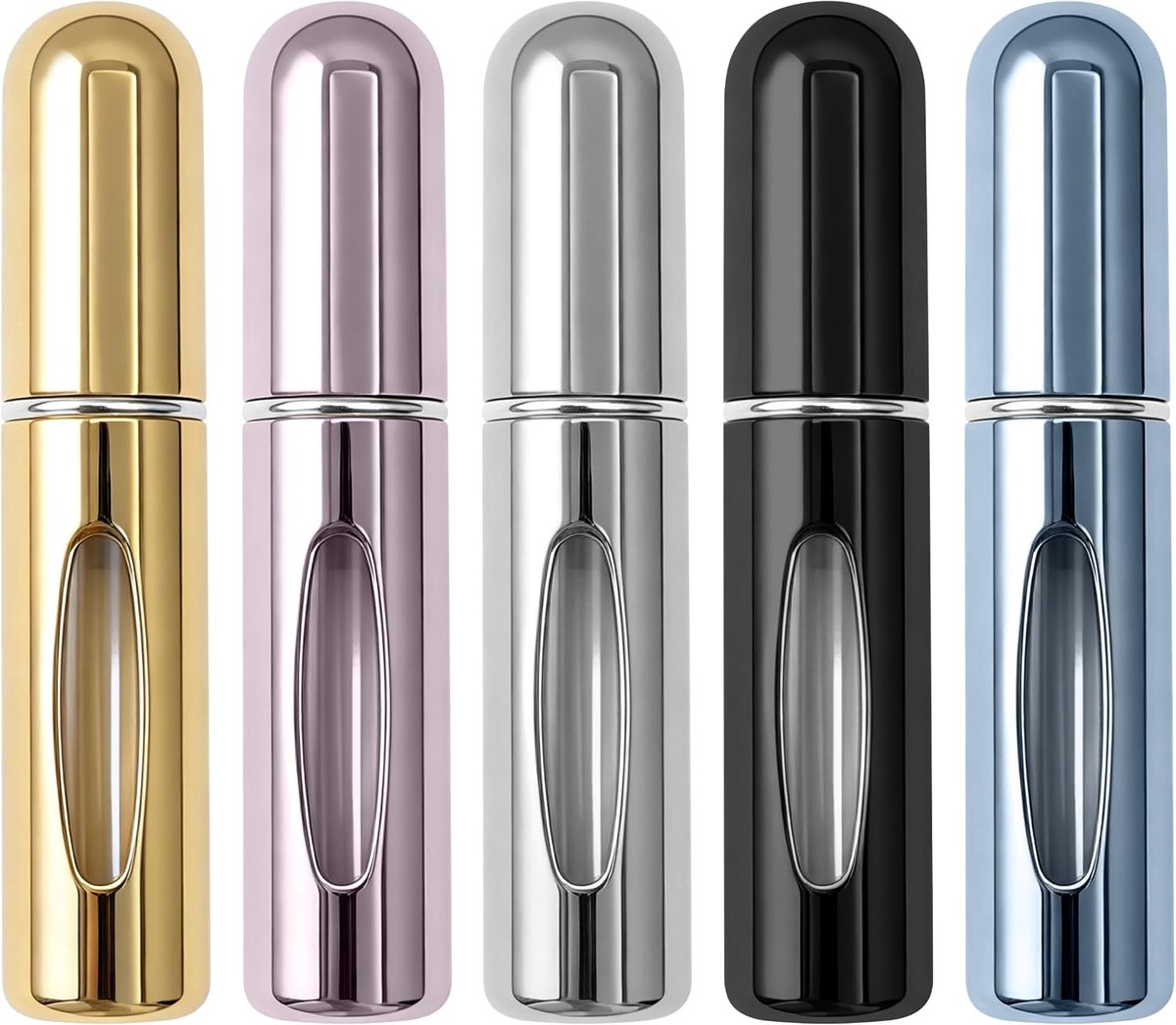 5 Stuks Parfum Verstuiver Flessen, Draagbare Mini Parfumverstuiver | 5 ml Parfumfles, Klein en Draagbaar, voor Wandelingen, Reizen, Uitgaan en Feestjes (5 Kleuren)