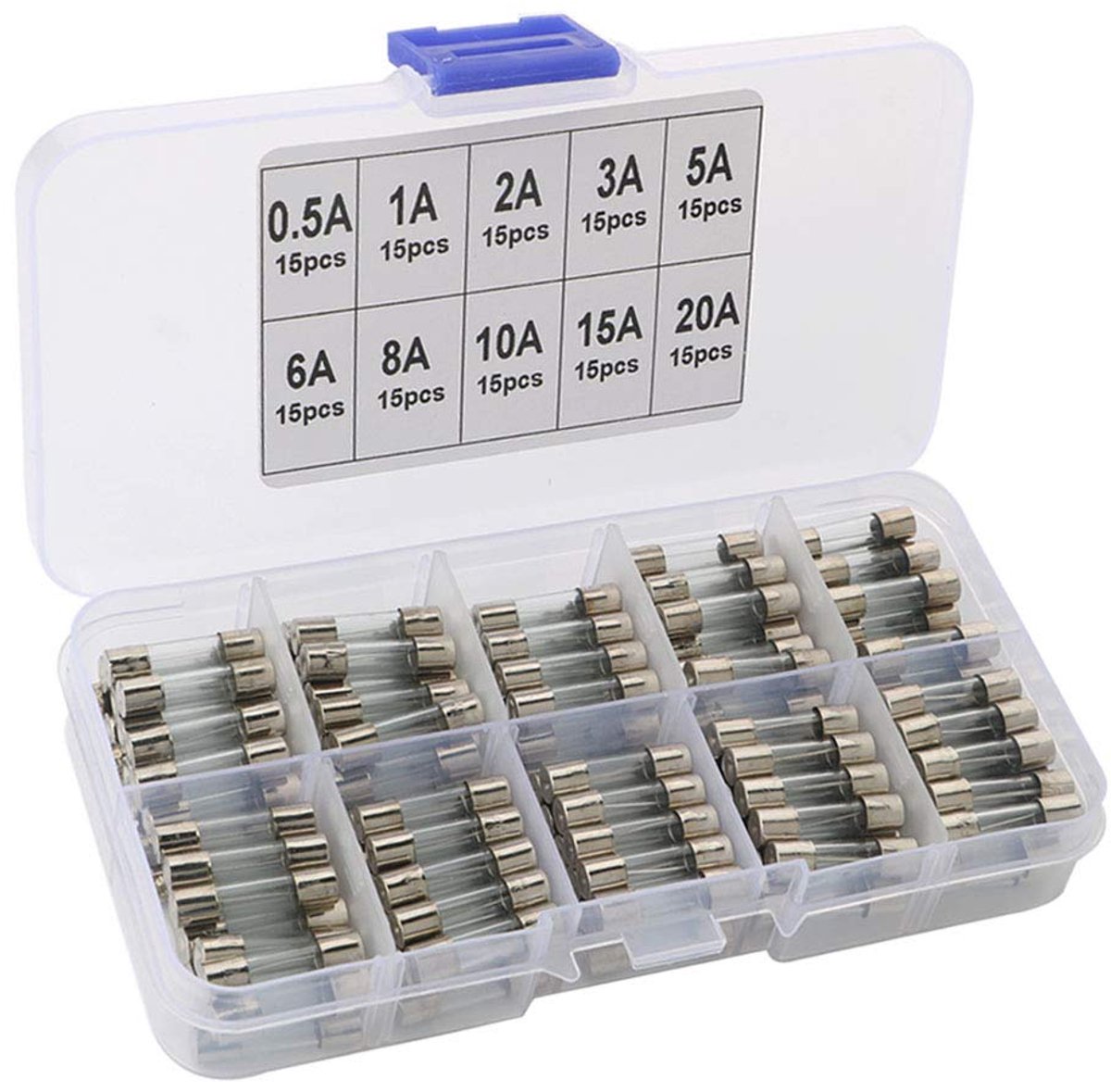 150 stuks professionele 5 x 20 mm glazen buiszekeringen voor de auto, snelle slagzekeringen, 0,5A, 1A, 2A, 3A, 5A, 6A, 8A, 10A, 15A, 20A