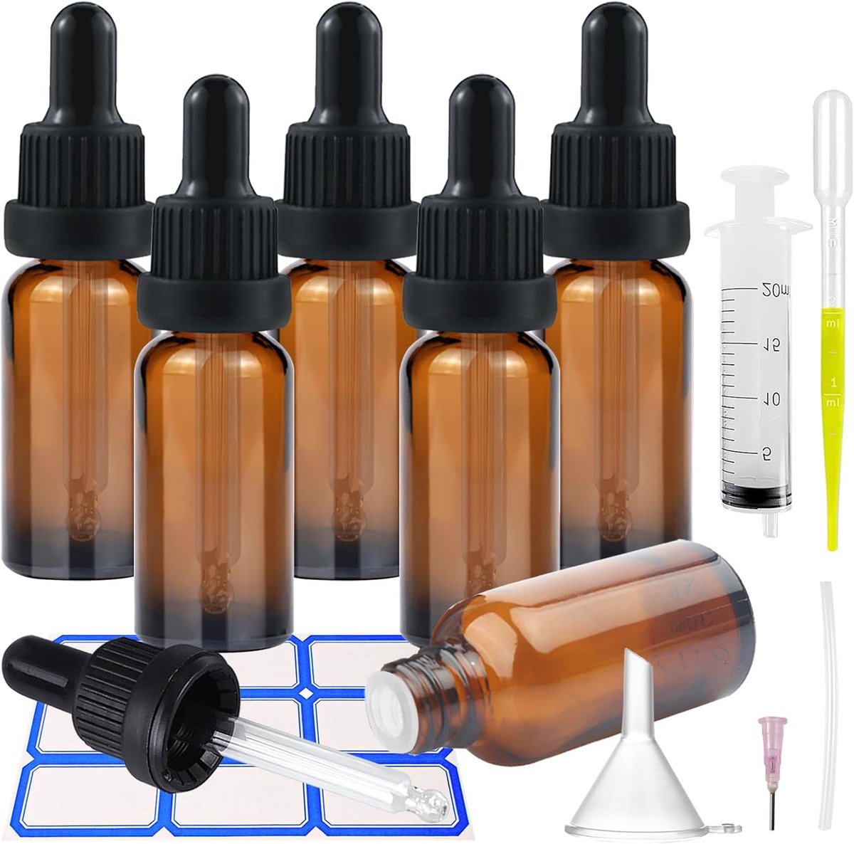 6 stuks 30 ml pipetflessen, pipetflessen met glazen pipet, glazen flessen, farmacist flessen, incl. kleine glazen flessen, druppelaar, trechter, spuit, voor geuren, vloeistof (bruin, 30