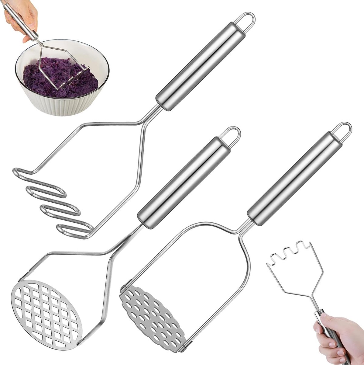 3 stuks aardappelstamper van roestvrij staal, professionele aardappelpers met 3 koppen (lineair, bloemig, vierkant) van staal voor aardappelpuree en groentepers en levensmiddelenpers