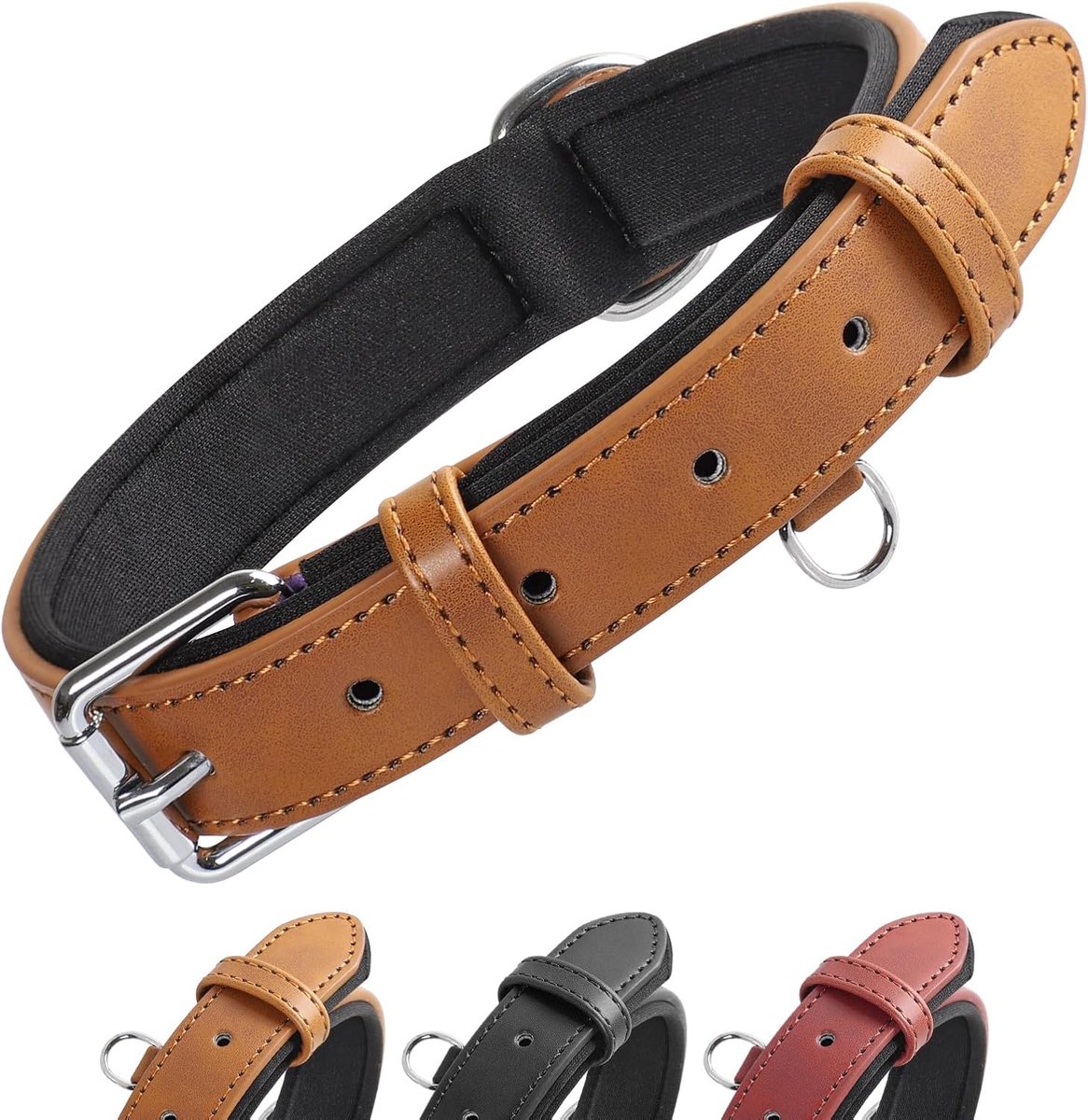 Line Hondenhalsband Verstelbaar Neopreen Gewatteerd Leer Verkrijgbaar in 4 Maten en 3 Kleuren voor Kleine, Middelgrote en Grote Honden, Bruin(L)