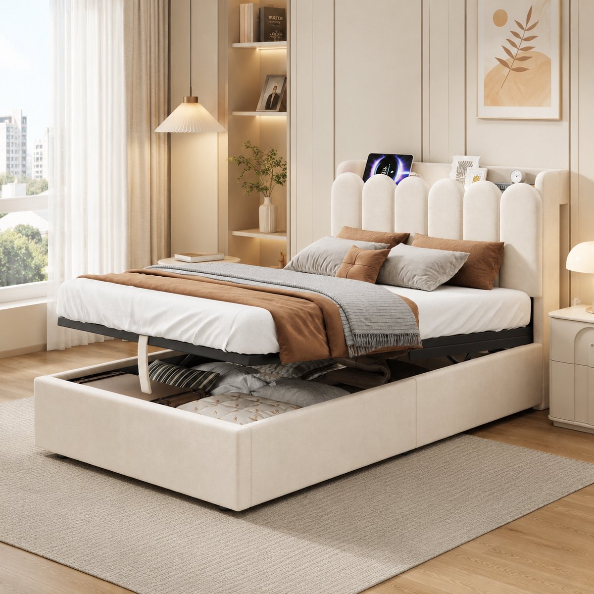 Normaal Bed 90 x 200 Cm – Hydraulisch Kinderbed Met Leeslamp En Oplaadfunctie – Grote Opbergruimte Onder Bed – Voor Kinderkamer – Stof – Beige – Zonder Matras