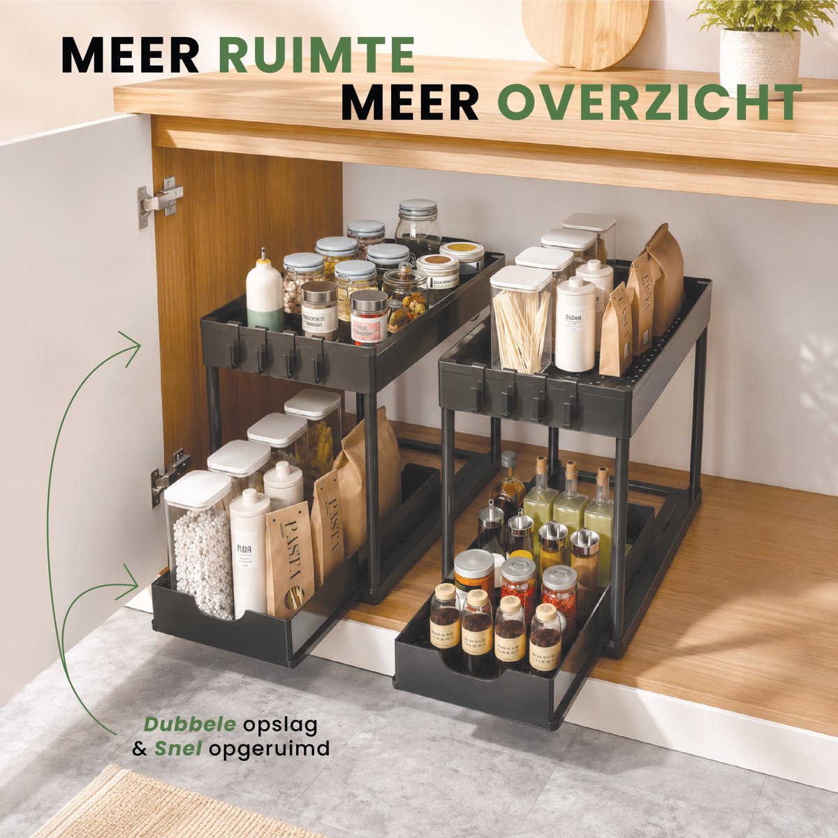 Caryota Keukenkast Organizer - Uitschuifbare Lade voor Gootsteenkast of Badkamer - Dubbellaags - Uitrekbaar - 39,7 x 22 x 35 cm - Kunststof - Zwart — cadeau in Cadeau-ideeën - foto 2