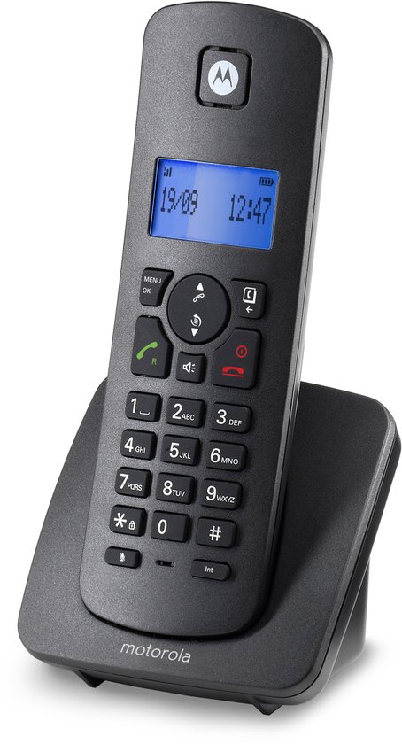 Zwarte Motorola DECT huistelefoon met blauw verlicht scherm, datum '19/09' en tijd '12:47'.