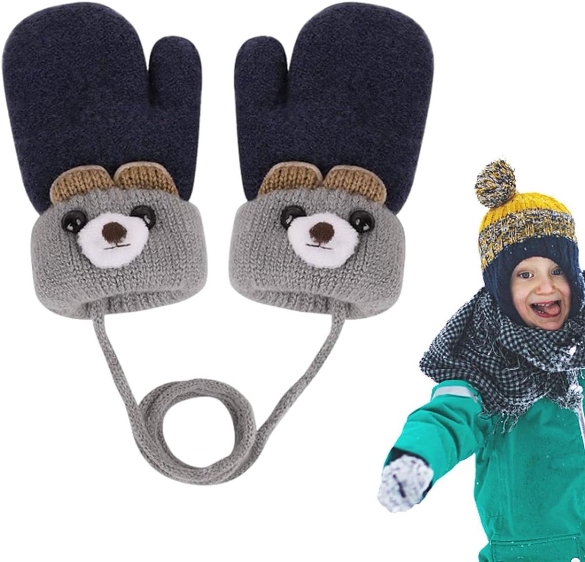 Handschoenen met schattig beerpatroon, dikke fluwelen hangende nekwanten voor kinderen van 0-3 jaar