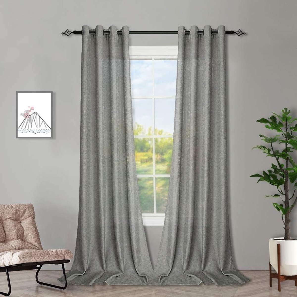 2 Panel Faux Linnen Voile Net Gordijnen Semi Sheer Ring Top Gordijnen voor Slaapkamer, Woonkamer, Raam - Grijs, 140 x 137 cm (140 x 137 cm)