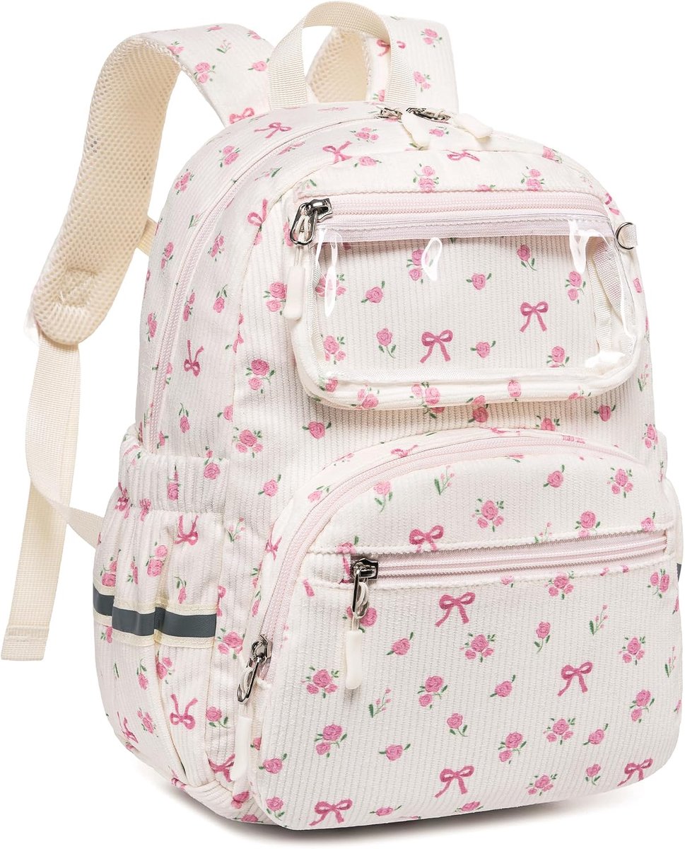 Kinderrugzak meisjes 2-5 jaar - roze corduroy kleuterschoolrugzak 33 x 25 x 12 cm met lunchvak, kijkvenster, reflectoren, borstband, kinderdagrugzak voor kleuterschool, Corduroy beige bloemen