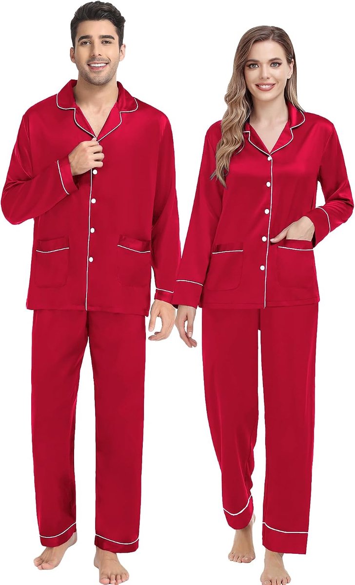 Paar Bijpassende Pyjama Sets Vrouwen & Mannen Zijde Satijn Pjs Set Lange Mouw Button Down Nachtkleding met 2 Zakken