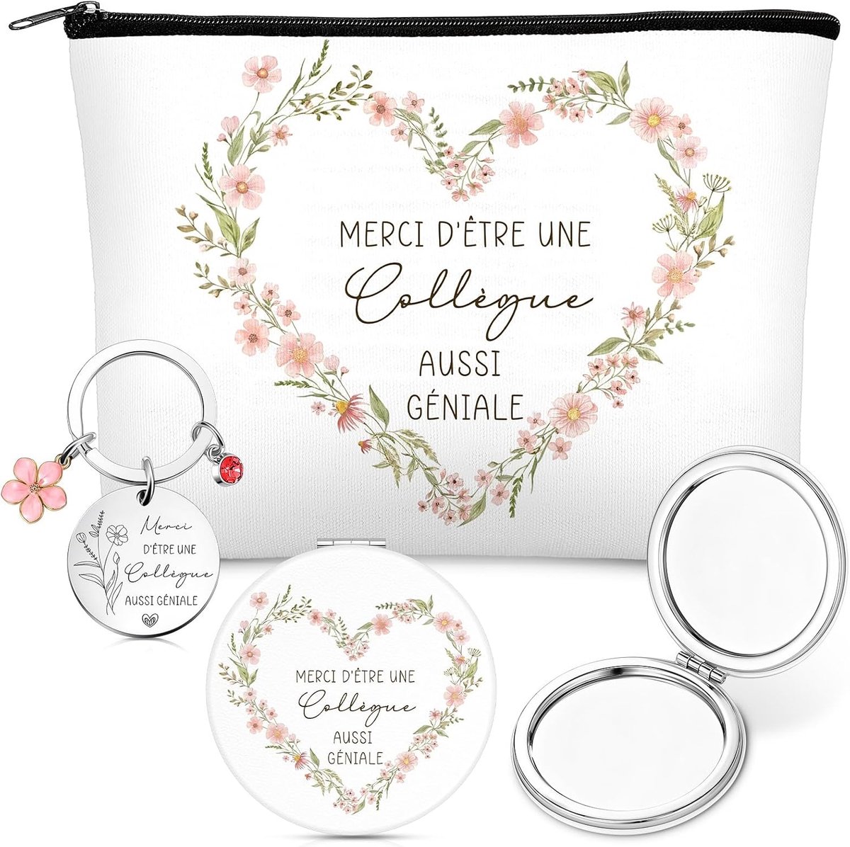Cadeauset voor Werkcollega's Vrouwen Werkcollega's Vrienden Clutch Bag Sleutelhanger Spiegel Toilettas Afscheidscadeau Pensioen Verjaardag Kerstmis(Bloem en Hart)