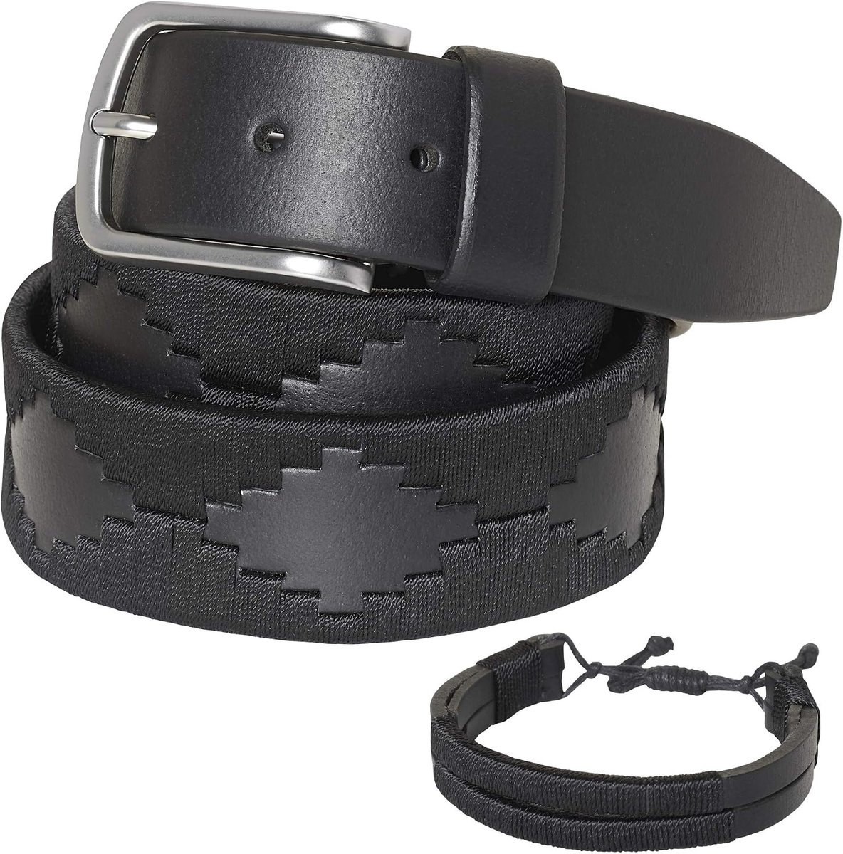 Leren riem, met bijpassende armband van leer en draad. Geborduurde riem op leer, voor mannen en vrouwen. Argentijnse Polo riemen.