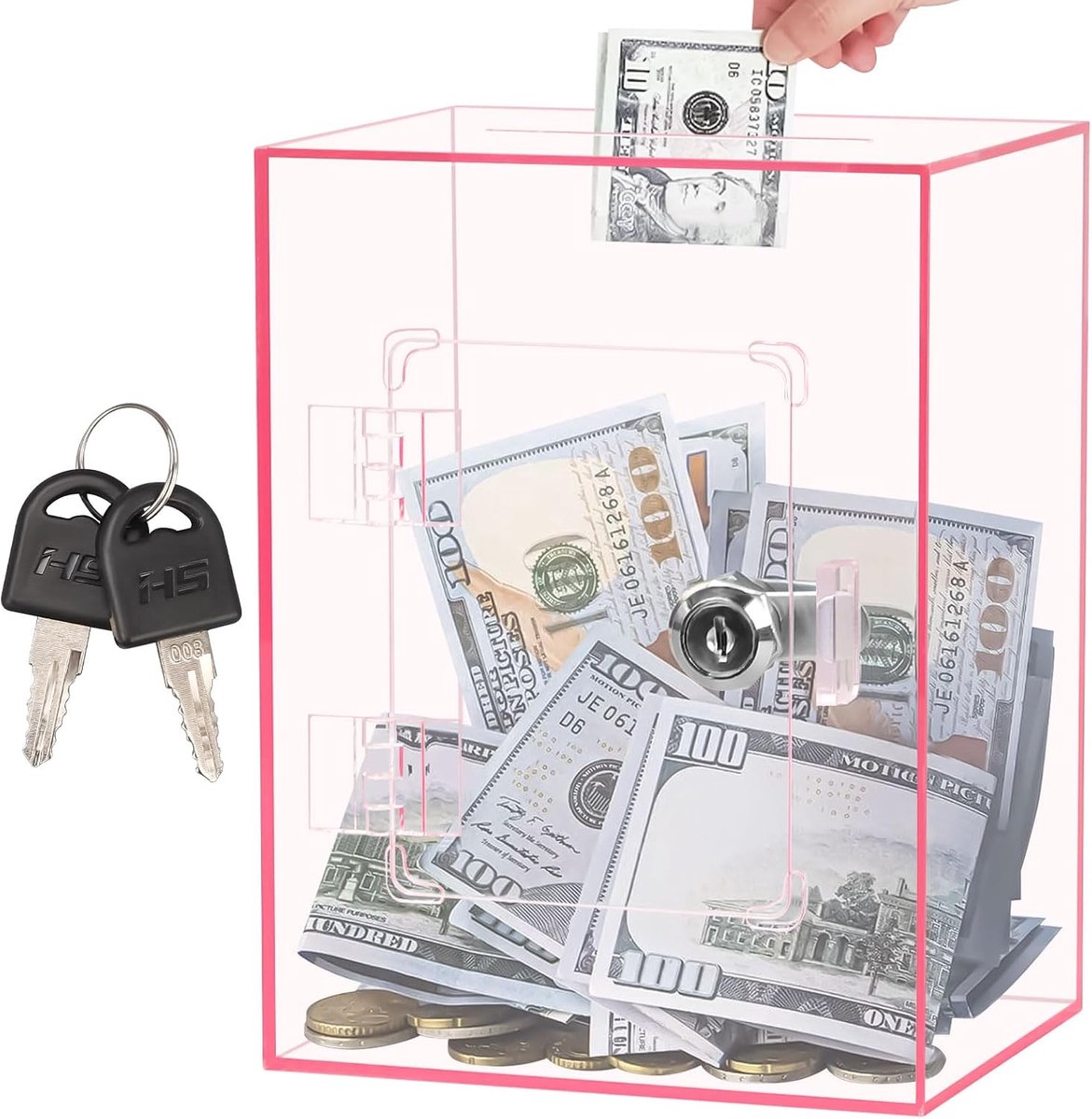Spaarpot met sleutel acryl spaarpot voor kinderen en volwassenen, 15 x 12 x 20 cm acryl spaarpot met slot, transparante spaarpot voor budget en besparing, munten en contant geld (roze)
