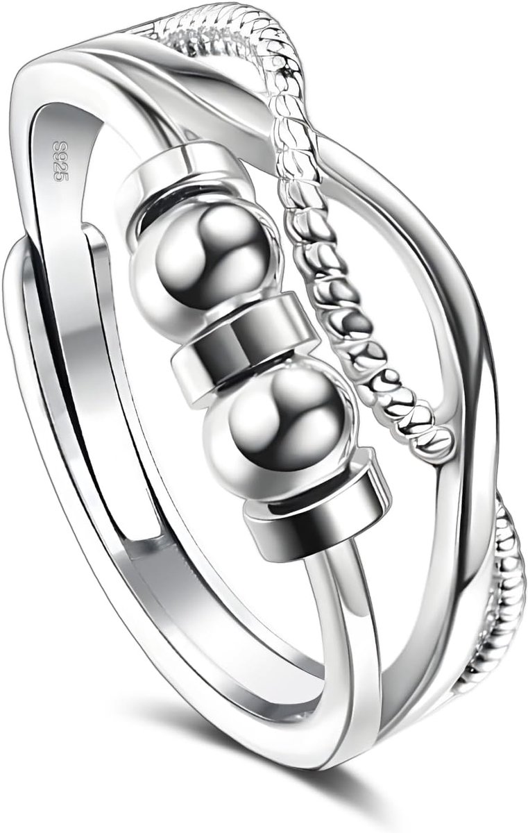 Ring voor dames, verstelbare anti-stress-ring met 2 draaibare ballen, zilveren fidget-ring tegen nervositeit, waterdichte damessieraden en cadeau