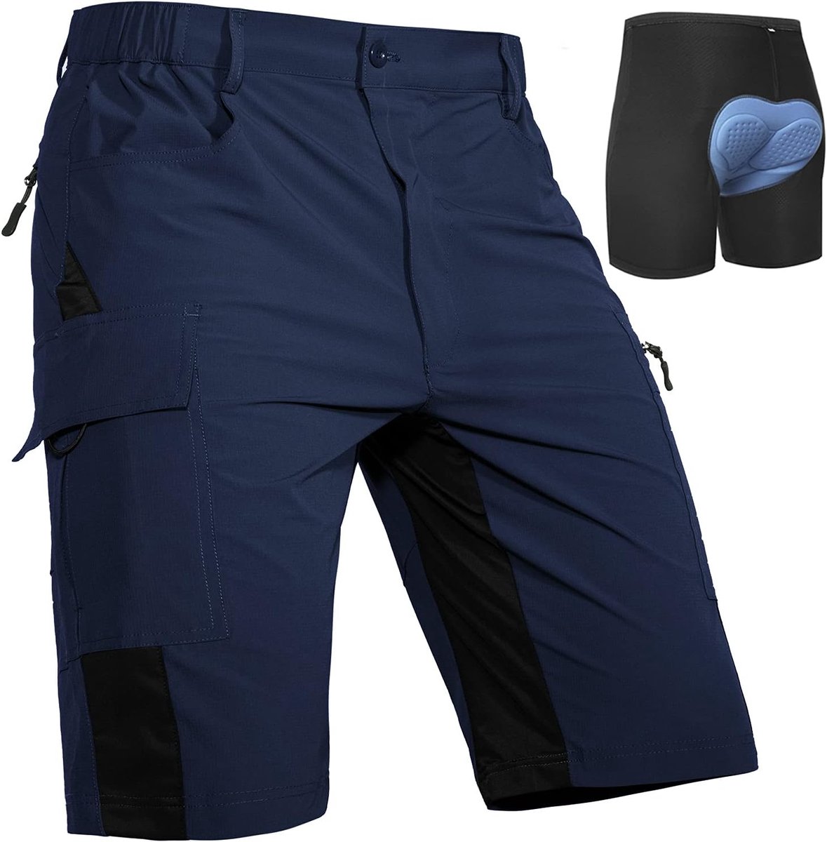 Shorts heren met 4D Gevoerd, ademende, sneldrogende, mountainbikebroek, MTB-short, mountainbikeshort, fietsbroek (Marineblauw, XL)