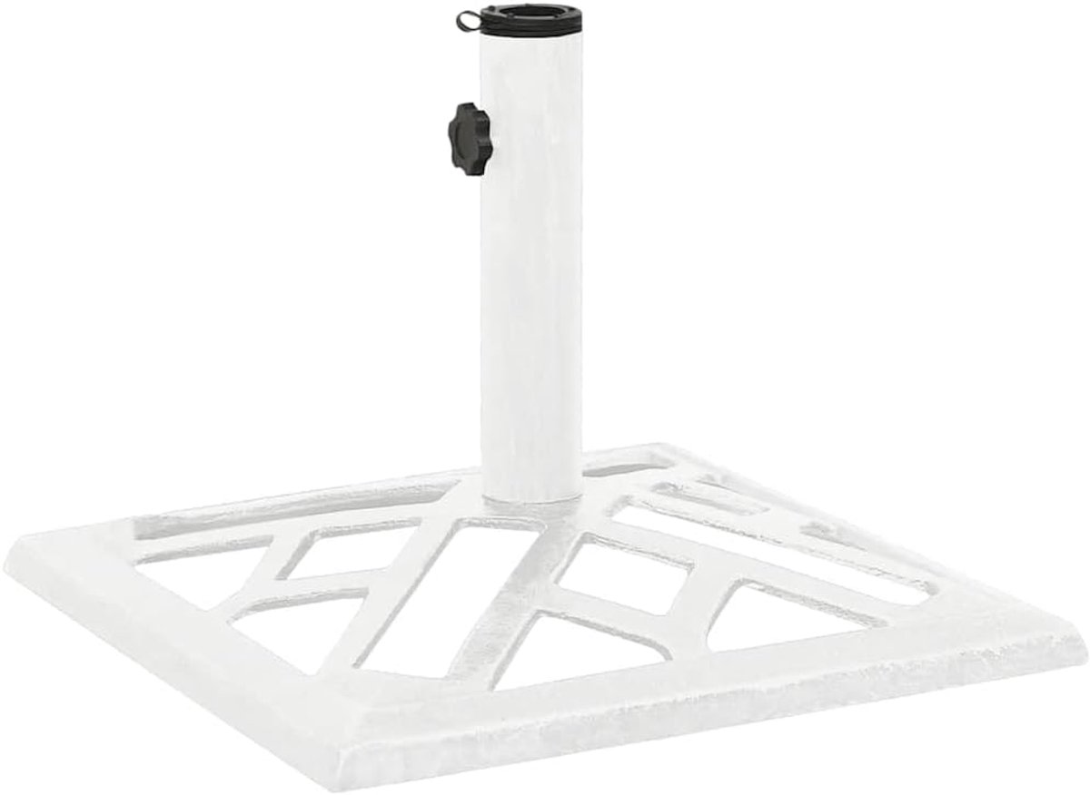 Parasolvoet van gietijzer, wit, 44 x 44 x 31 cm, robuuste parasolvoet met adapter voor paal 35/38/48 mm, chique opgerold bloemenpatroon voor tuin buiten