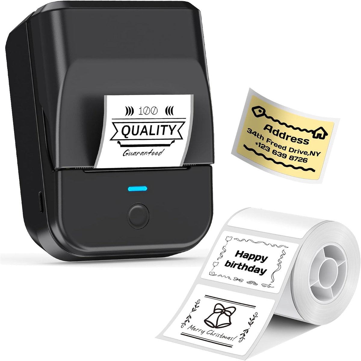 Labelprinter met labeltape, thermische labelprinter met waterdichte etiketten, 40 x 30 mm, 5 cm draagbare labelprinter voor kleine bedrijven, kantoor en thuisgebruik, stickers