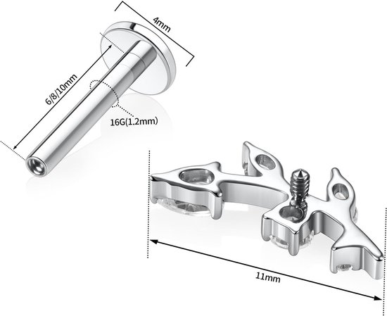 Hengkaixuan 16G G23 titanium platte achterkant labret studs binnendraad lippen studs tragus piercing Monroe Medusa lippiercing zilver lobe kraakbeen conch oorbel sieraden 6 8 10 mm, Metaal, Edelsteen — afbeelding 4