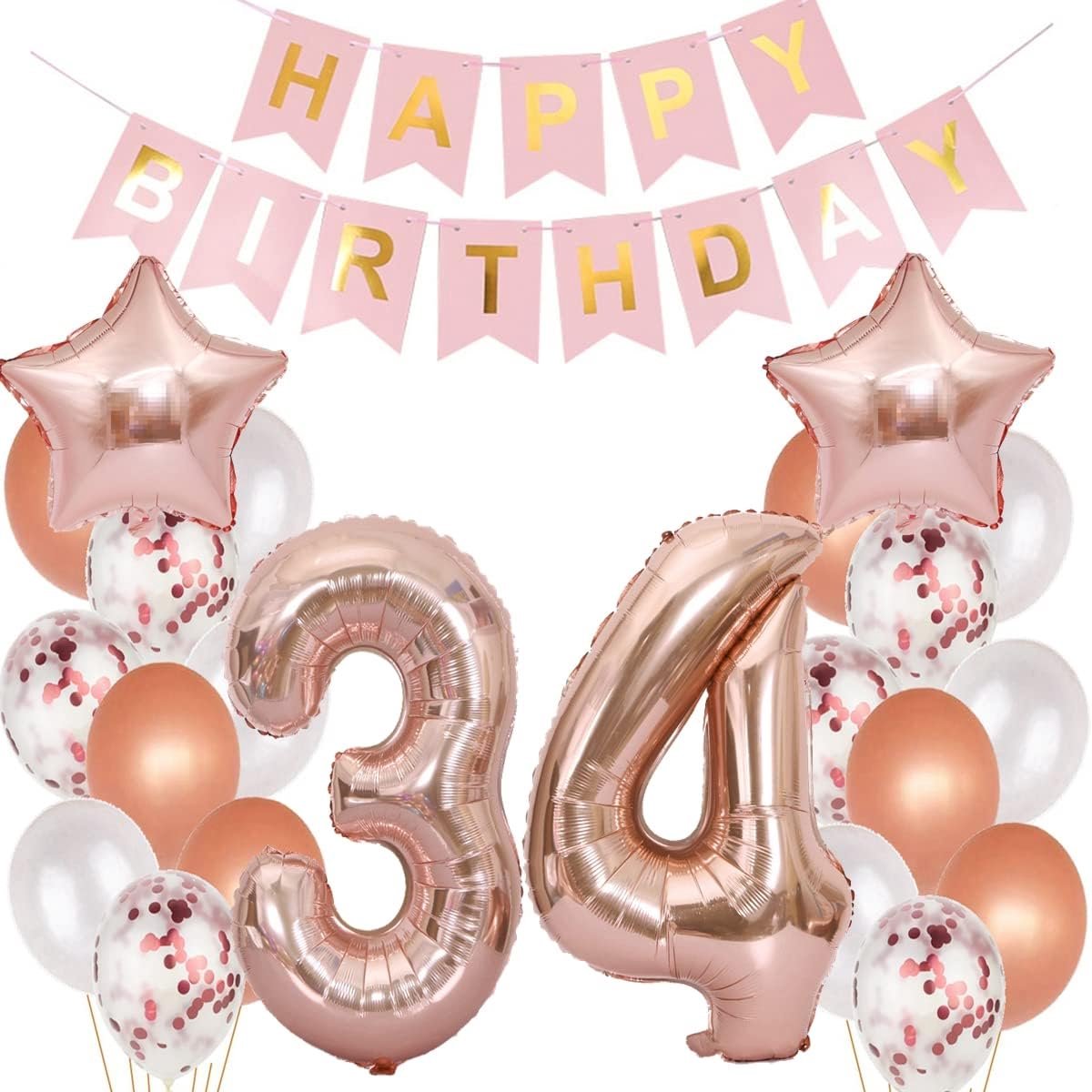 34. Verjaardagsdecoratie voor dames, roségoud, 34-delige set, roségoud, 34-delige verjaardagsdecoratie, roségoud, 34-jarige luchtballon, roségoud, voor dames, ballonnen voor 34-verjaardag