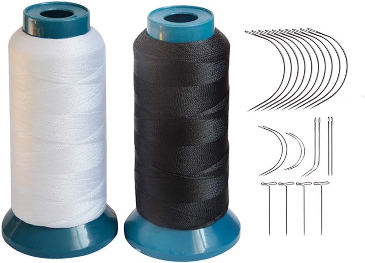 Weefdraad Hoge sterkte polyester draad maat 250 D met 12 stuks van 9 cm-C type naalden/gebogen naalden voor naaien (zwart, wit)