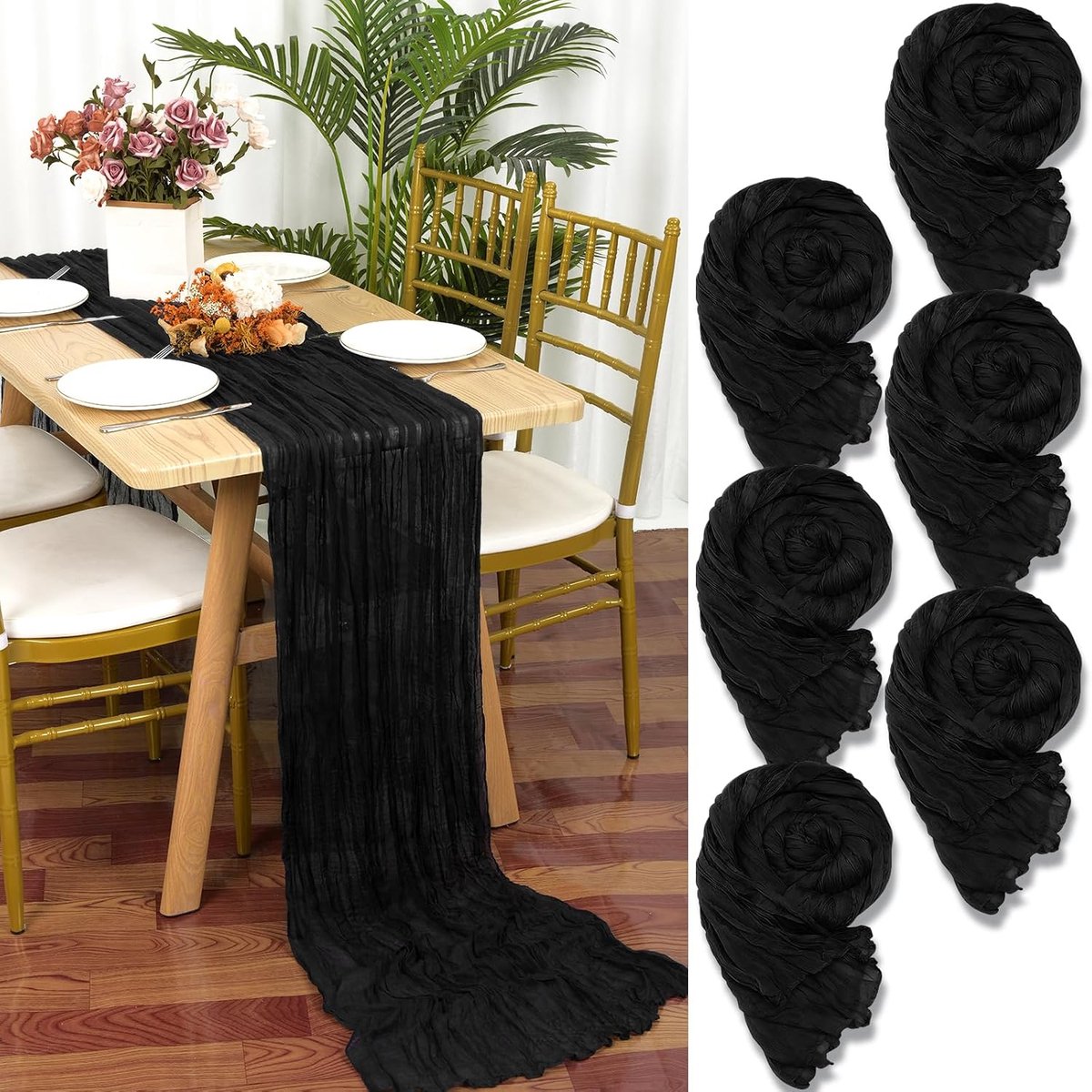 6 stuks kaasdoek, tafelloper, zwart, 55 x 300 cm, zwart rustiek gaas, boho-tafelloper, kaasdoek, cheesecloth, bruiloft, tafelkleed voor bruiloftsfeest, bruidsfeest, tafeldecoratie