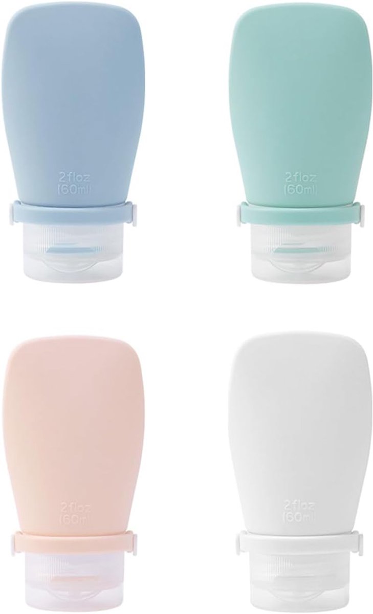4-pack siliconen reisfles van 60 ml voor toiletartikelen, lekvrije hervulbare, samendrukbare containers voor vloeibare lotionshampoo.