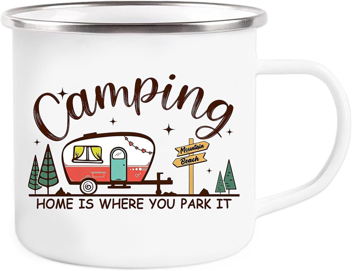 Accessoires, camping geschenken mok grappig, campingbeker | Camping accessoires camping mok, caravan accessoires camping mokken, emaille beker camping, camper geschenk camping beker