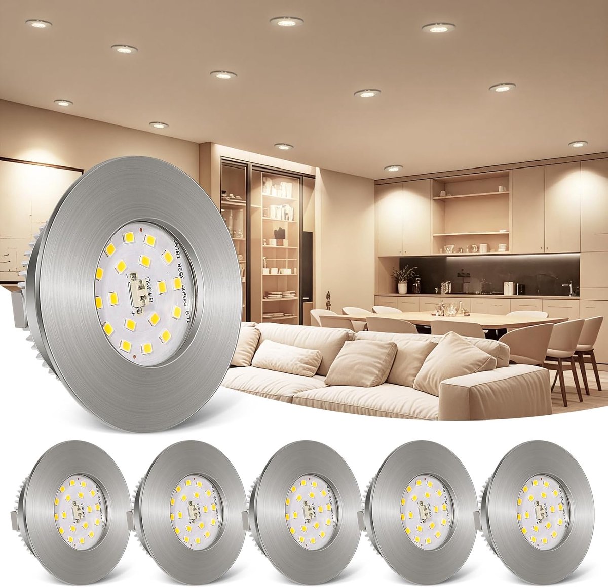 6 W led-inbouwspot, 230 V, ultraplat, neutraal wit, 4000 K, IP44 gat Φ 60-65 mm, plafondspots voor badkamer, keuken, woonkamer, nikkel, mat, 6 stuks