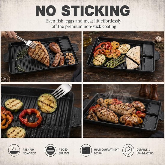Grillplaat, rechthoekige grillpan, grillplaat met grillgroeven, grillopzetstuk voor gasfornuis, grillpan, anti-aanbaklaag voor campingfornuis, voor inductie, gas, keramiek — afbeelding 5