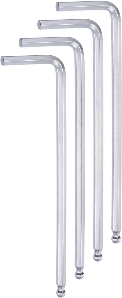 4 stuks zeskantsleutels kogelkop 4 mm metrisch lange arm L-vorm reparatiegereedschap van chroom-vanadium-staal voor reparaties thuis, zilverkleurig