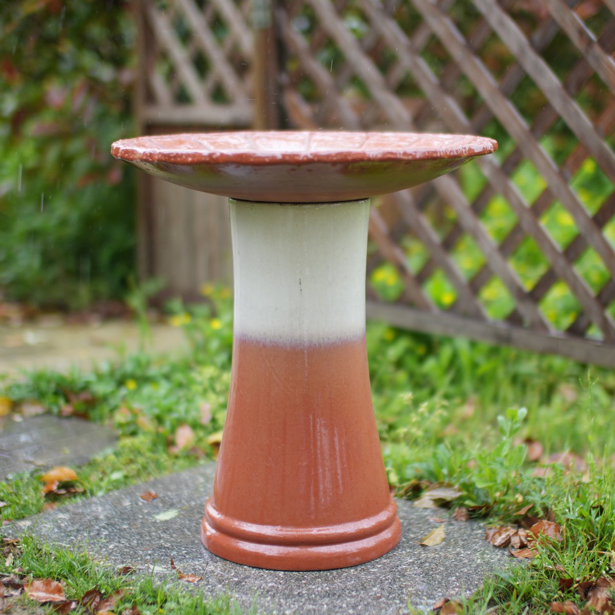 DESMIU Vogelbad Handgemaakt Keramiek Ø 43 Cm Hoog 45 Cm Rust Rood Wit Glansglasuur Voor Tuin Terras En Balkon