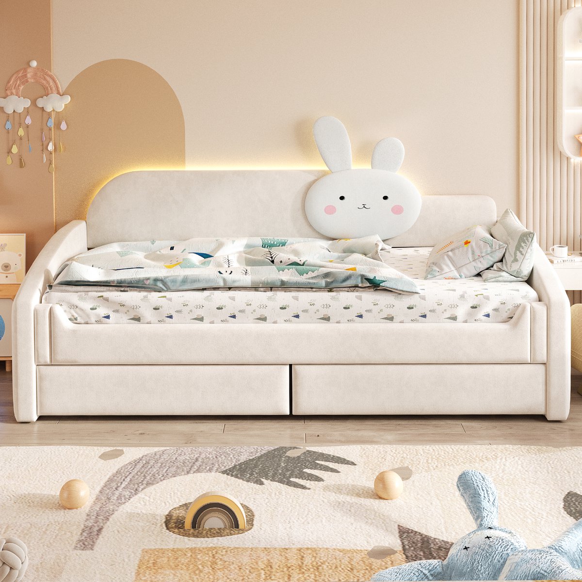 VVBV Bedbank 90x200 cm - Opbergruimte, LED-Verlichting, Met Lades, Gestoffeerd Hoofdbord - Beige, Stof