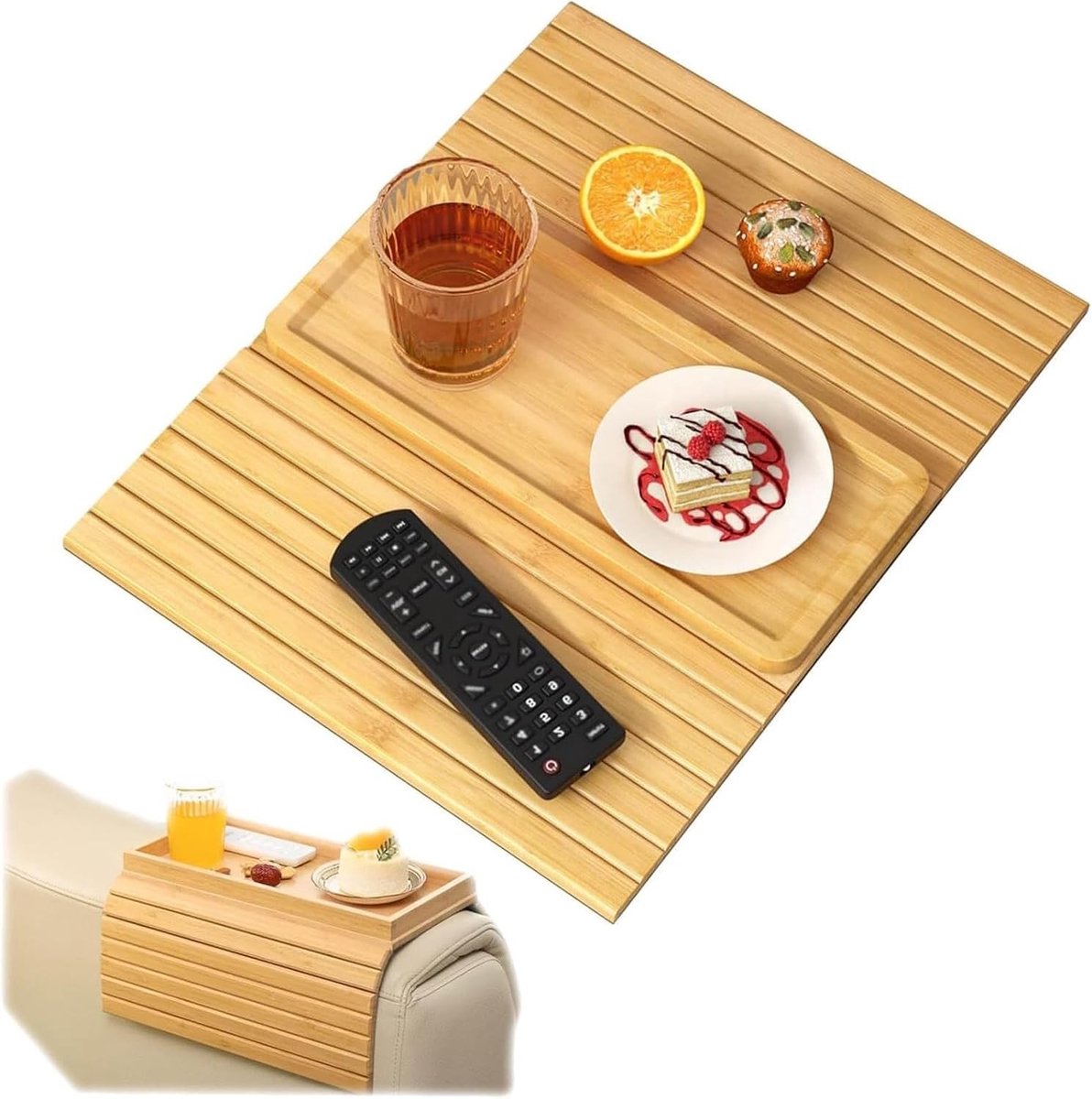 Armleuning Tray voor de Bank - Natuurlijke Bamboe Armleuninghouder voor Snacks, Mobiele Telefoon en Besturingselementen - Flexibel en Praktisch Accessoire voor Thuisgebruik