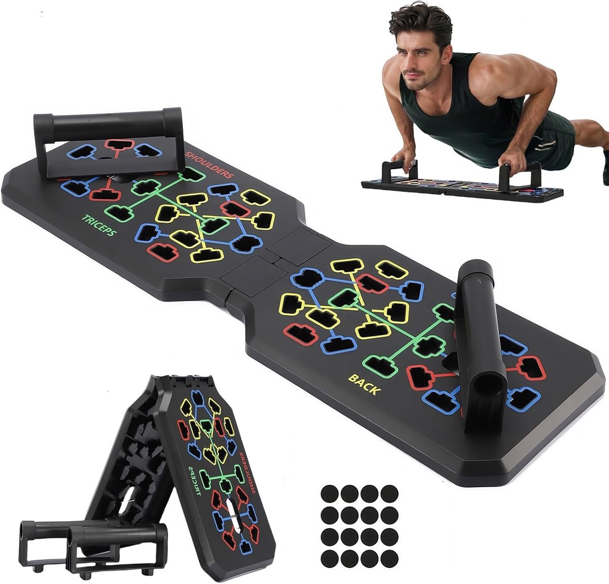 12-in-1 Vouwbare Push Up Board, Multifunctionele en Draagbare Trainingsstand voor Borst, Schouders en Rug, Inclusief Antislip Stickers voor Thuis Fitness