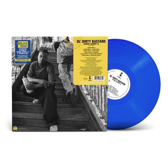 Zwarte en witte albumhoes met Ol' Dirty Bastard en een blauwe vinylplaat. "Shimmy Shimmy Ya".
