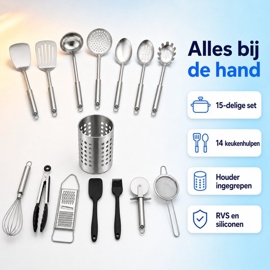 Zilverkleurige keukengerei set, 15-delig, met houder, RVS en siliconen.