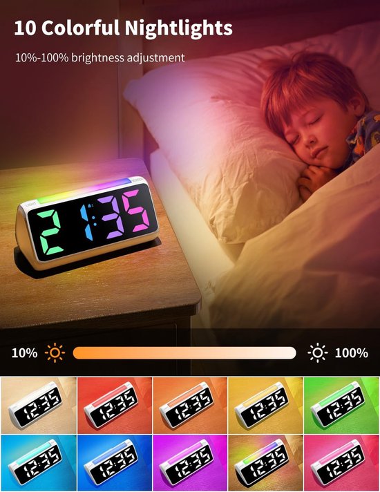 Digitale Wekker - Nachtlamp Klok - Tijd Weergeven - RGB Regenboog Kleuren - Groot Display - Wit — afbeelding 5