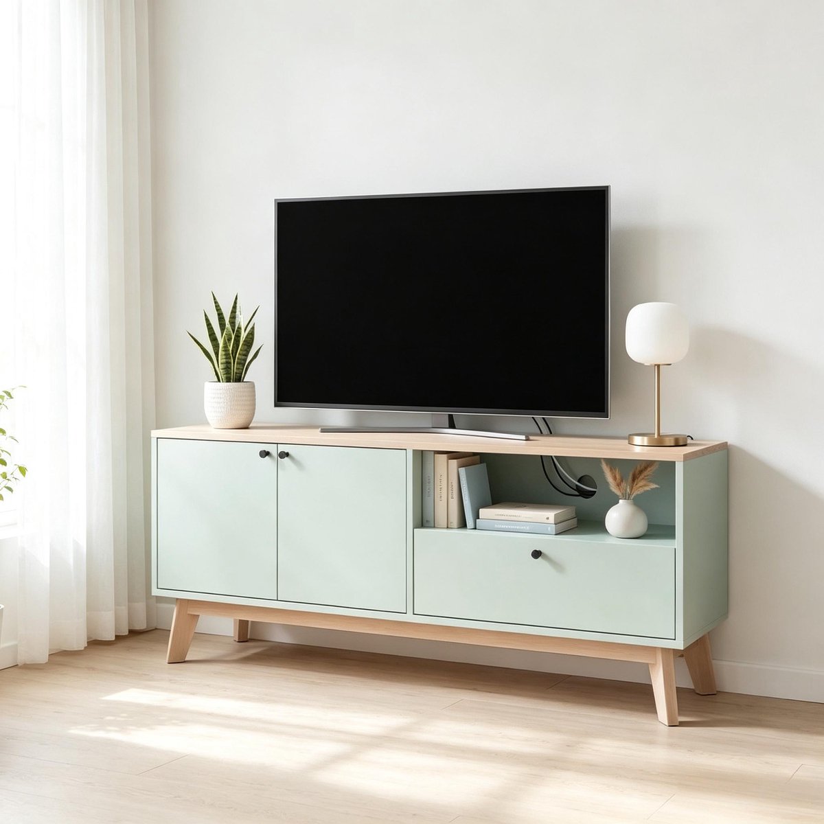 COVREO TV-meubel 120 cm lichtgroen eikenlook MDF, 2 deuren lade open vak Lichtgroen; Eiken