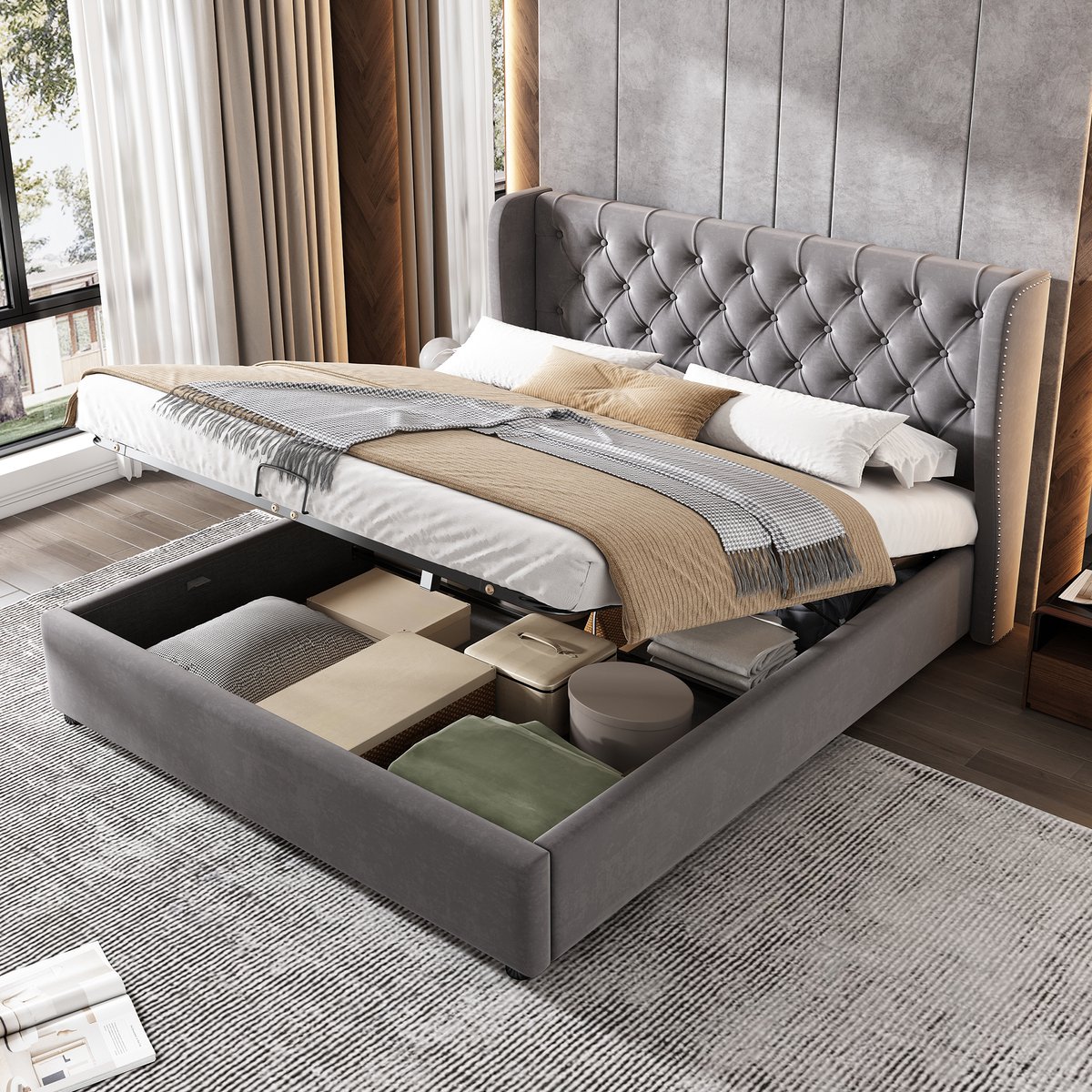Gestoffeerd bedframe - voor matras 140 x 190 cm - grijs - met lattenbodem - matras niet inbegrepen - voor de slaapkamer - dagelijks gebruik