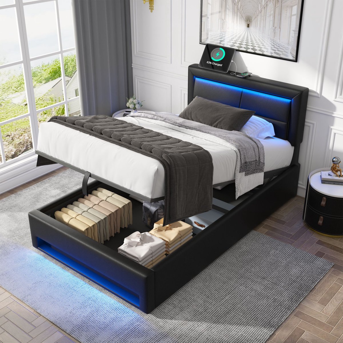 Gestoffeerd bedframe - voor matras 90 x 200 cm - zwart - met LED-verlichting en USB-aansluiting en opbergruimte en lattenbodem - voor de slaapkamer